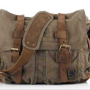 Sechunk Vintage Military Leather Canvas Laptop Bag Messenger Bags Medium